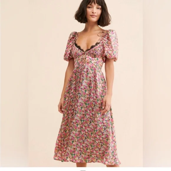 For Love And Lemons Pink Red Sweetheart Puff Sleeve Midi Dress NWT - Picture 1 of 6